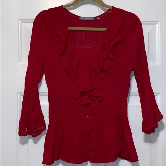 NY Collection Tops - NY Collection Red Ruffle Blouse Sz M Peplum Eyelet Trim 3/4 Sleeve Feminine Top